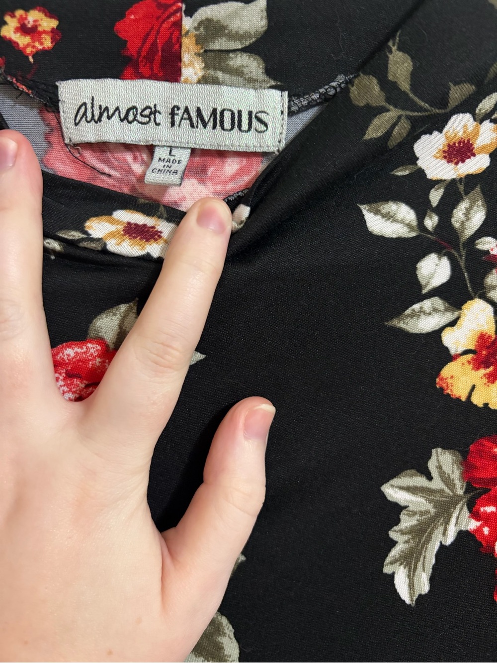 Almost Famous Black Long Sleeve Dress with Red & Cream Floral Print - Picture 4 of 5